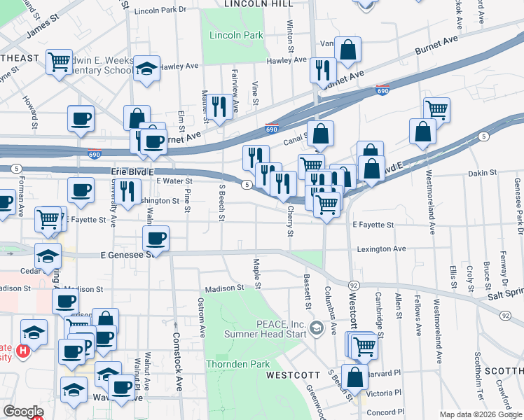 map of restaurants, bars, coffee shops, grocery stores, and more near 1507 East Fayette Street in Syracuse