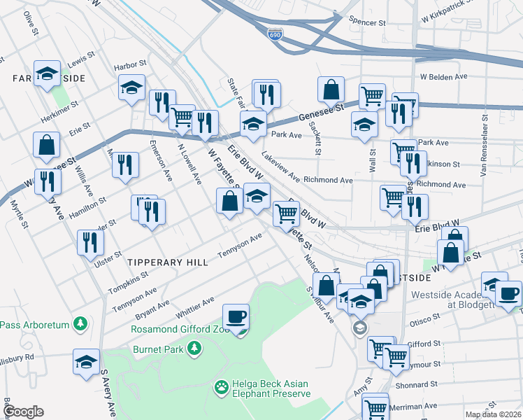 map of restaurants, bars, coffee shops, grocery stores, and more near 206 Tompkins Street in Syracuse