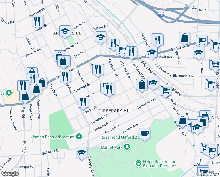 map of restaurants, bars, coffee shops, grocery stores, and more near 210 Milton Avenue in Syracuse