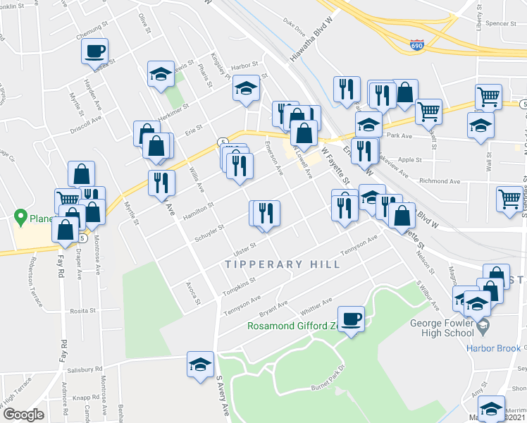 map of restaurants, bars, coffee shops, grocery stores, and more near 210 Milton Avenue in Syracuse