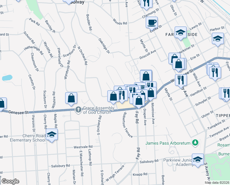 map of restaurants, bars, coffee shops, grocery stores, and more near 108 Pine Hill Road in Syracuse