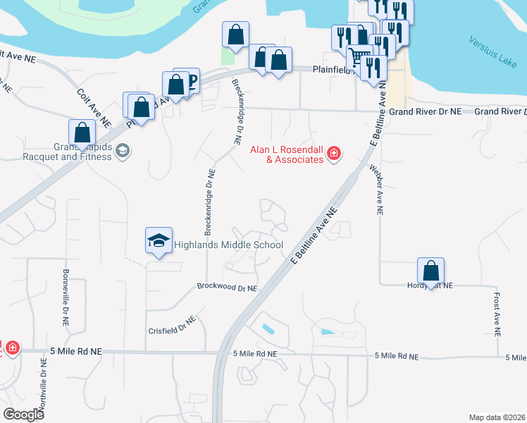 map of restaurants, bars, coffee shops, grocery stores, and more near 3330 Devonwood Drive Northeast in Grand Rapids
