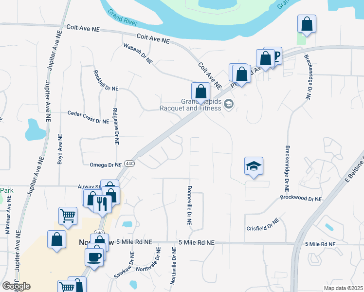 map of restaurants, bars, coffee shops, grocery stores, and more near 2715 Sandstone Terrace Northeast in Grand Rapids