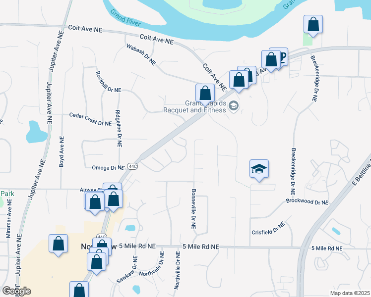 map of restaurants, bars, coffee shops, grocery stores, and more near 2715 Sandstone Terrace Northeast in Grand Rapids