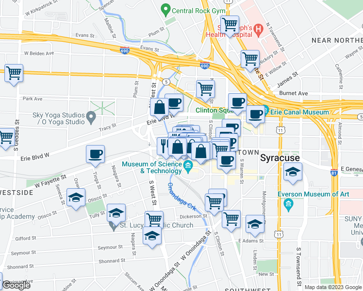 map of restaurants, bars, coffee shops, grocery stores, and more near 308 West Fayette Street in Syracuse