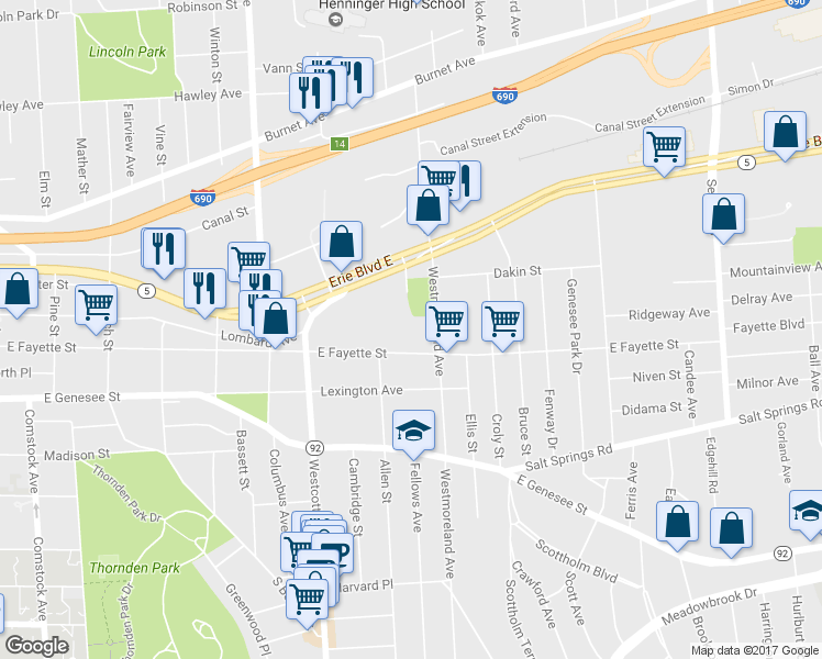 map of restaurants, bars, coffee shops, grocery stores, and more near 1939 E Fayette St in Syracuse