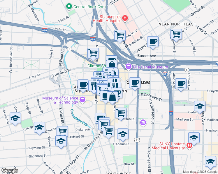 map of restaurants, bars, coffee shops, grocery stores, and more near 301 South Salina Street in Syracuse