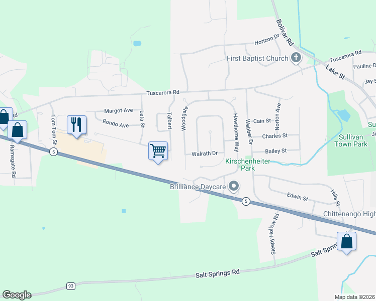 map of restaurants, bars, coffee shops, grocery stores, and more near 303 Walrath Drive in Chittenango