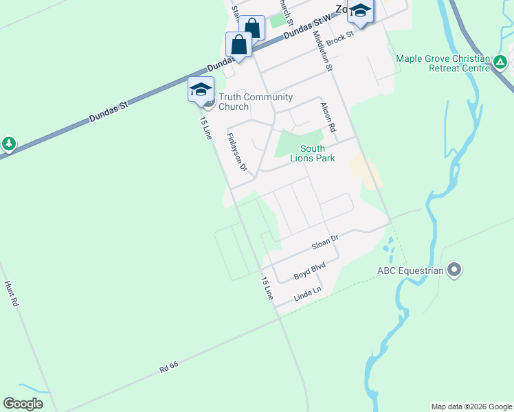 map of restaurants, bars, coffee shops, grocery stores, and more near 14 Beaty Lane in Thamesford