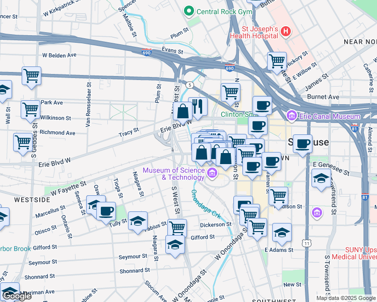 map of restaurants, bars, coffee shops, grocery stores, and more near 350 West Fayette Street in Syracuse
