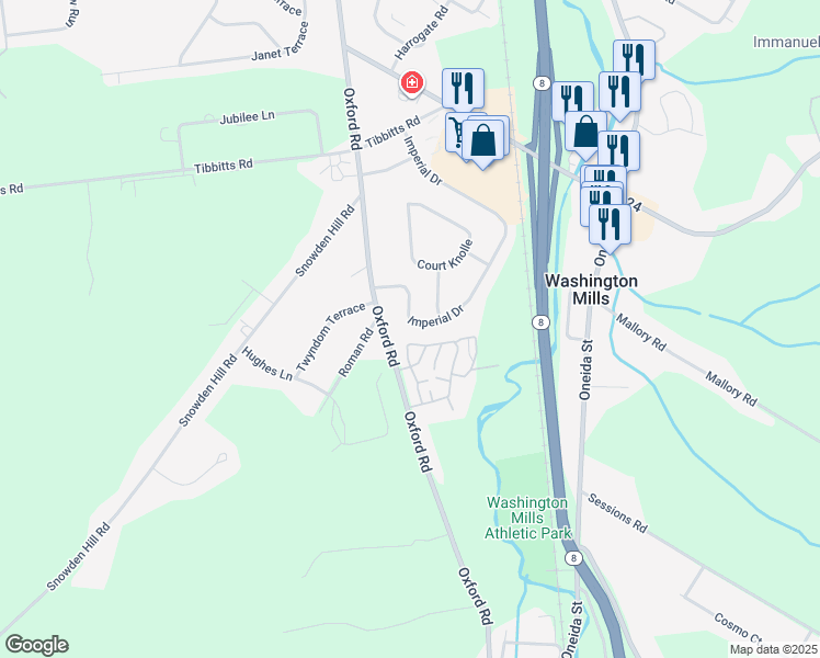 map of restaurants, bars, coffee shops, grocery stores, and more near 3841 Oxford Road in New Hartford