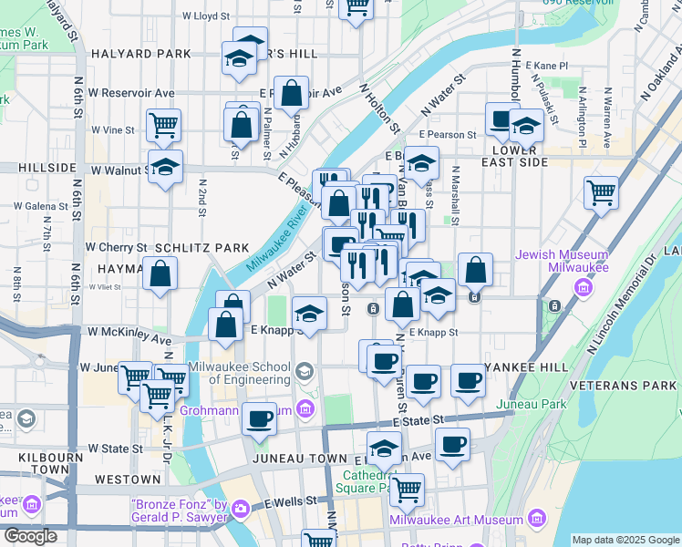 map of restaurants, bars, coffee shops, grocery stores, and more near 1425 North Jefferson Street in Milwaukee