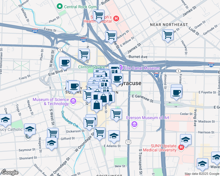 map of restaurants, bars, coffee shops, grocery stores, and more near in Syracuse