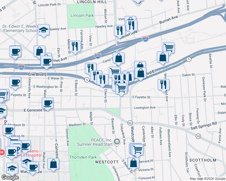 map of restaurants, bars, coffee shops, grocery stores, and more near 1628 Erie Boulevard East in Syracuse