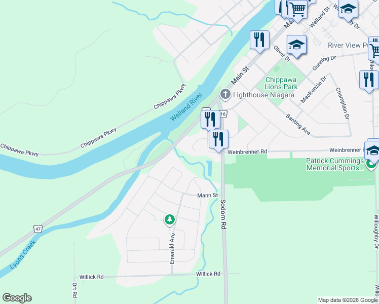 map of restaurants, bars, coffee shops, grocery stores, and more near 4345 Southerland Court in Niagara Falls