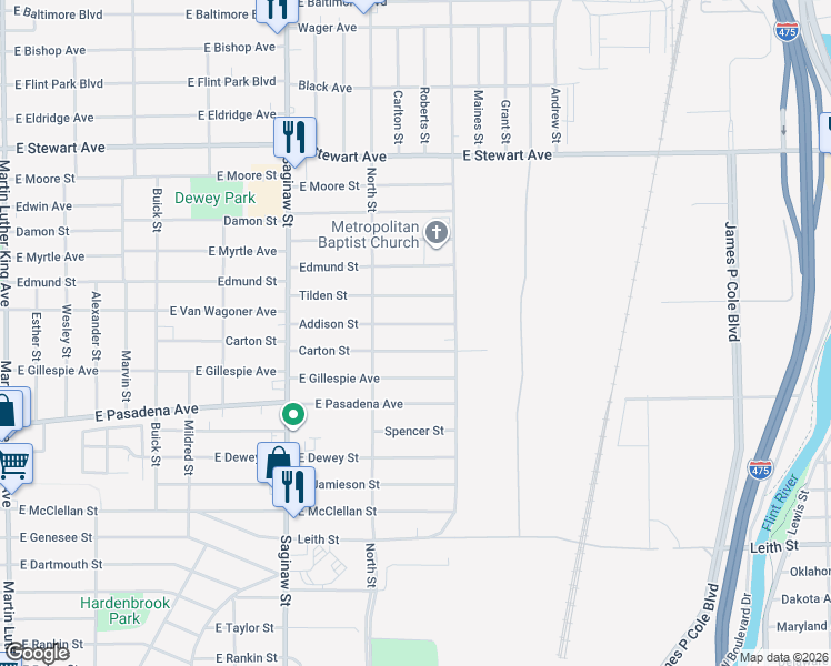 map of restaurants, bars, coffee shops, grocery stores, and more near 825 Carton Street in Flint