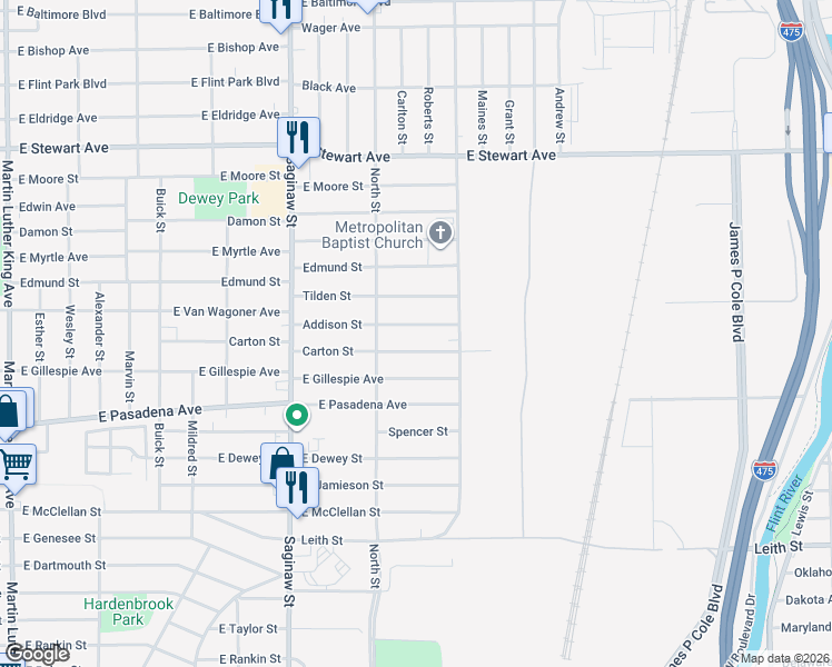 map of restaurants, bars, coffee shops, grocery stores, and more near 825 Carton Street in Flint