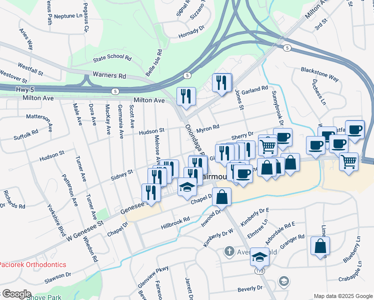 map of restaurants, bars, coffee shops, grocery stores, and more near 103 Sidney Street in Syracuse