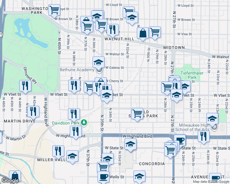 map of restaurants, bars, coffee shops, grocery stores, and more near 1333 North 33rd Street in Milwaukee