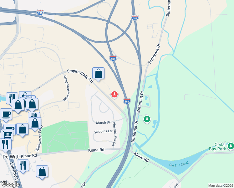 map of restaurants, bars, coffee shops, grocery stores, and more near 5710 Commons Park in East Syracuse