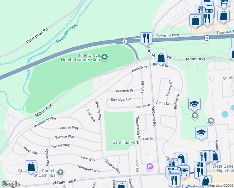 map of restaurants, bars, coffee shops, grocery stores, and more near 120 Sunridge Avenue in Camillus