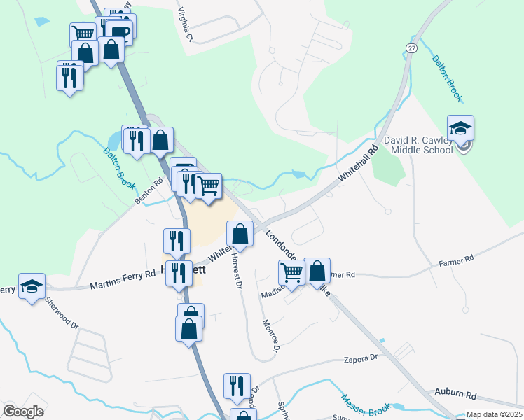 map of restaurants, bars, coffee shops, grocery stores, and more near 12 Mallard Lane in Hooksett