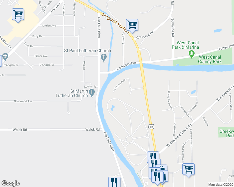 map of restaurants, bars, coffee shops, grocery stores, and more near 7 Admirals Walk in Buffalo