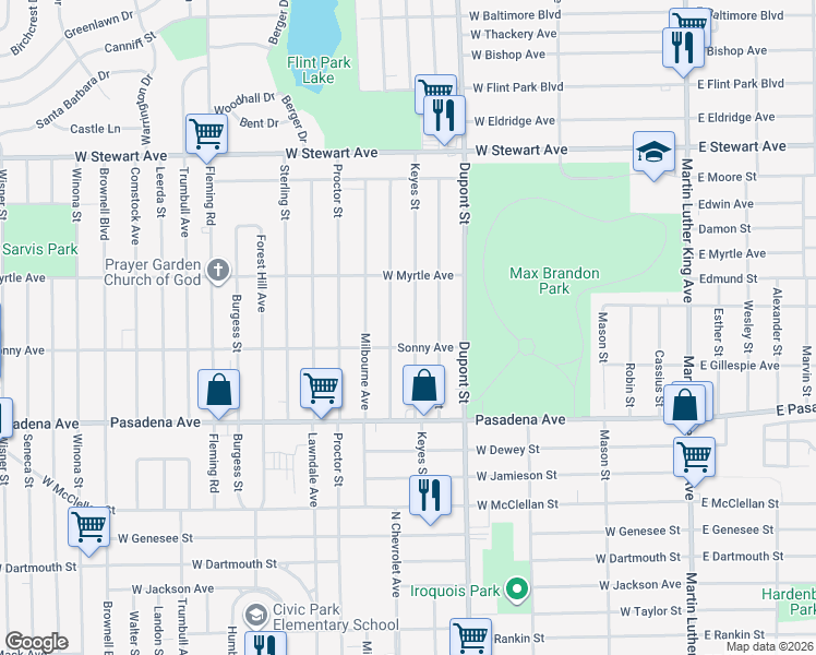 map of restaurants, bars, coffee shops, grocery stores, and more near 3702 Keyes Street in Flint