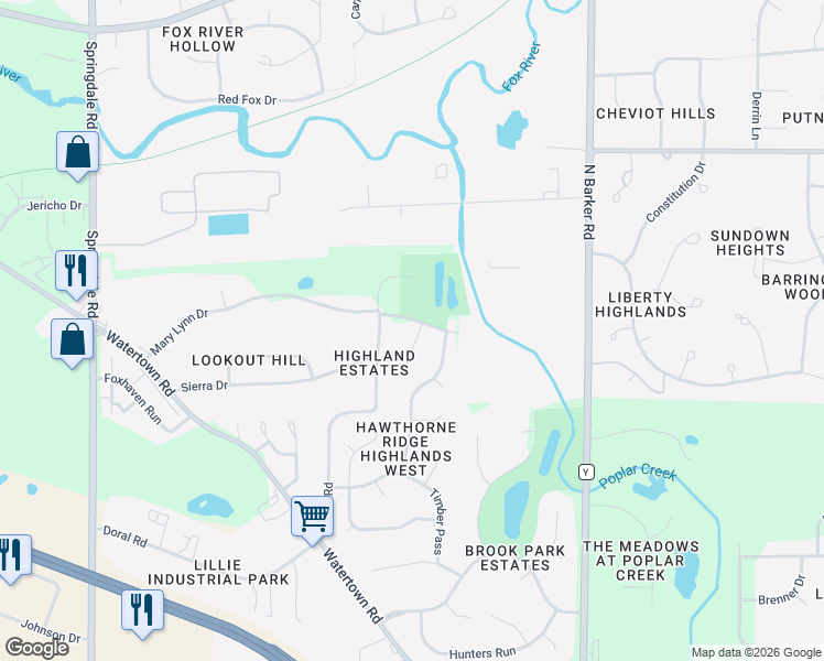 map of restaurants, bars, coffee shops, grocery stores, and more near 1320 Poplar Ridge Court in Brookfield