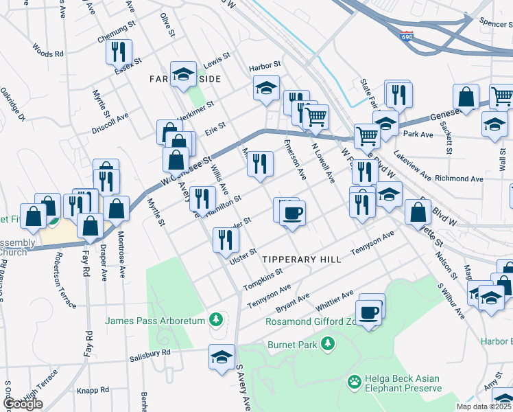 map of restaurants, bars, coffee shops, grocery stores, and more near 509 Schuyler Street in Syracuse