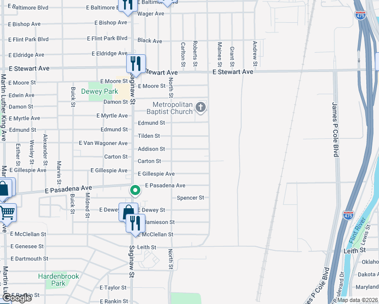 map of restaurants, bars, coffee shops, grocery stores, and more near 825 Carton Street in Flint