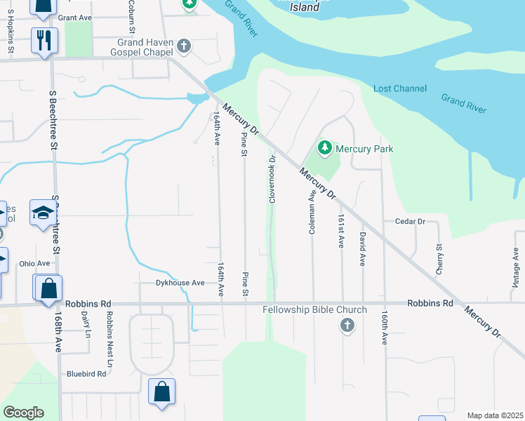 map of restaurants, bars, coffee shops, grocery stores, and more near 15401 Clovernook Drive in Grand Haven