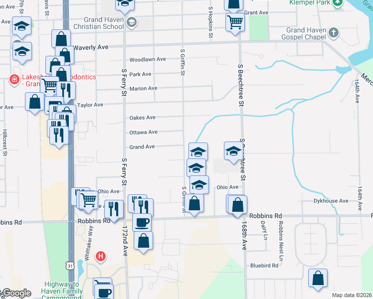 map of restaurants, bars, coffee shops, grocery stores, and more near 1245 Orchard Avenue in Grand Haven