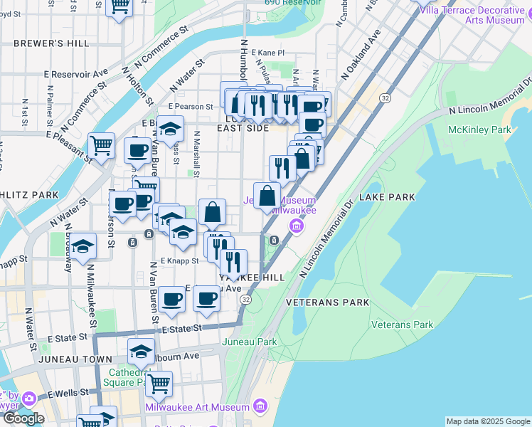 map of restaurants, bars, coffee shops, grocery stores, and more near in Milwaukee