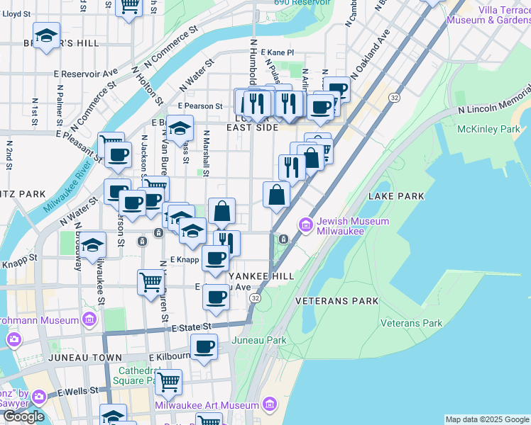 map of restaurants, bars, coffee shops, grocery stores, and more near in Milwaukee