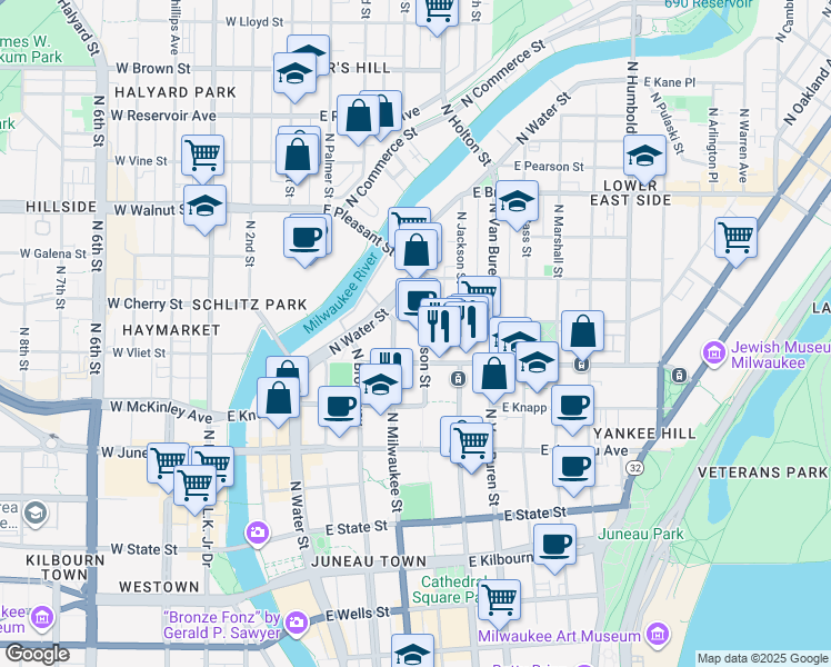 map of restaurants, bars, coffee shops, grocery stores, and more near 544 East Ogden Avenue in Milwaukee