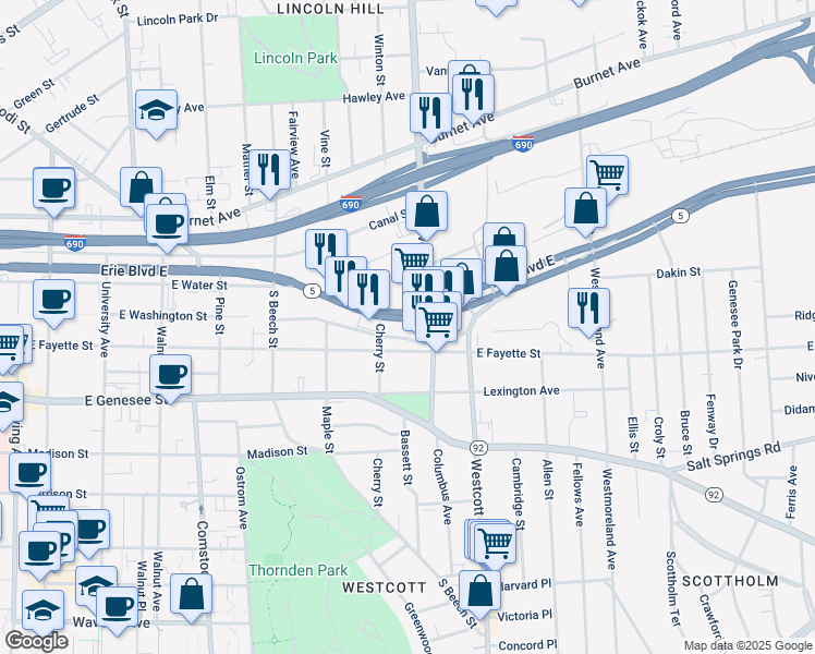 map of restaurants, bars, coffee shops, grocery stores, and more near 1619-21 East Fayette Street in Syracuse