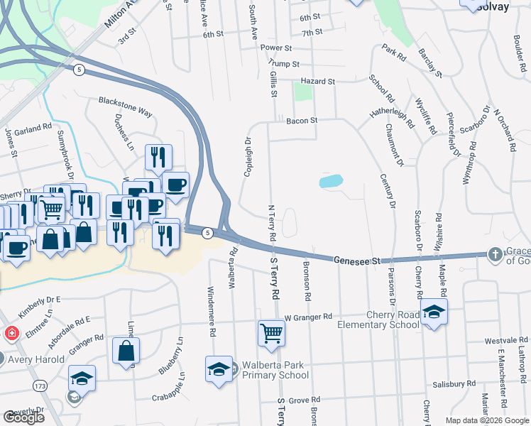 map of restaurants, bars, coffee shops, grocery stores, and more near 101 Kenyon Drive in Syracuse
