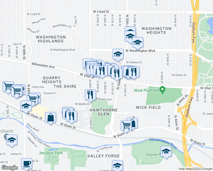 map of restaurants, bars, coffee shops, grocery stores, and more near 1364 North 58th Street in Milwaukee