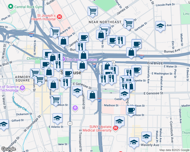 map of restaurants, bars, coffee shops, grocery stores, and more near in Syracuse