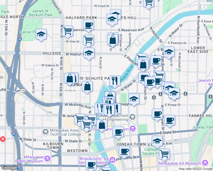 map of restaurants, bars, coffee shops, grocery stores, and more near 115 West Cherry Street in Milwaukee