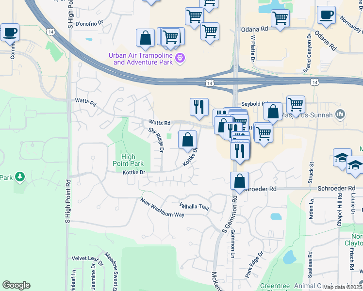 map of restaurants, bars, coffee shops, grocery stores, and more near 7211 Flagship Drive in Madison