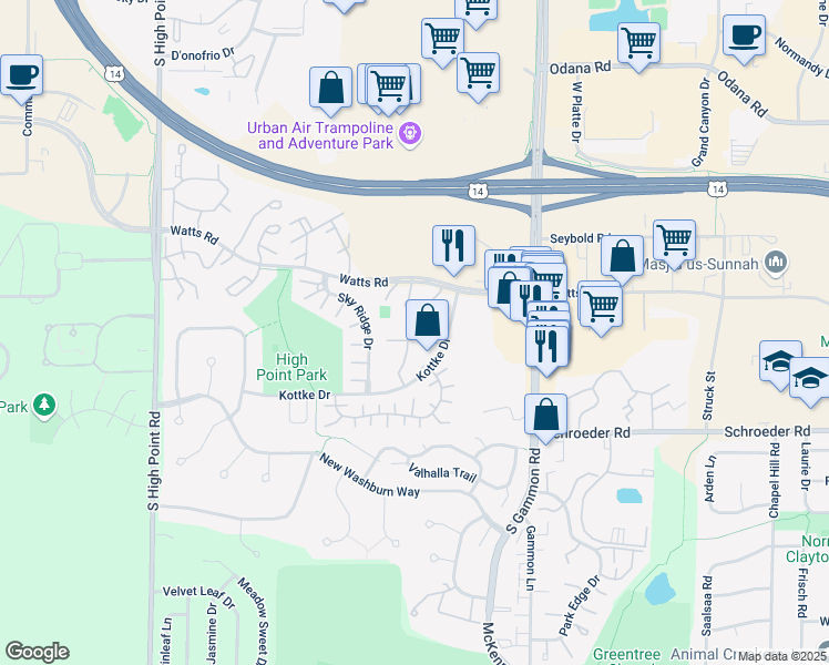 map of restaurants, bars, coffee shops, grocery stores, and more near 905 Harbor House Drive in Madison