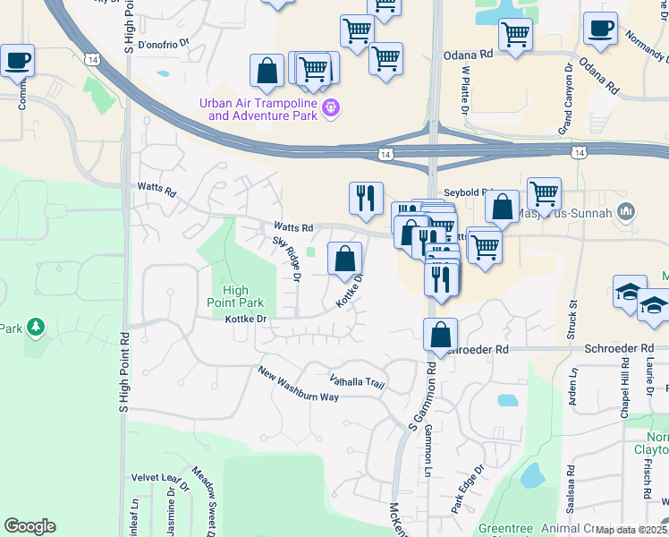 map of restaurants, bars, coffee shops, grocery stores, and more near 7202 Flagship Drive in Madison