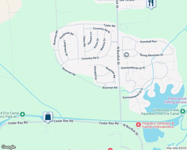 map of restaurants, bars, coffee shops, grocery stores, and more near 5746 Stonykill Drive in East Syracuse