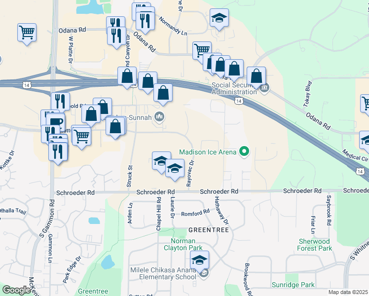 map of restaurants, bars, coffee shops, grocery stores, and more near 700 Rayovac Drive in Madison