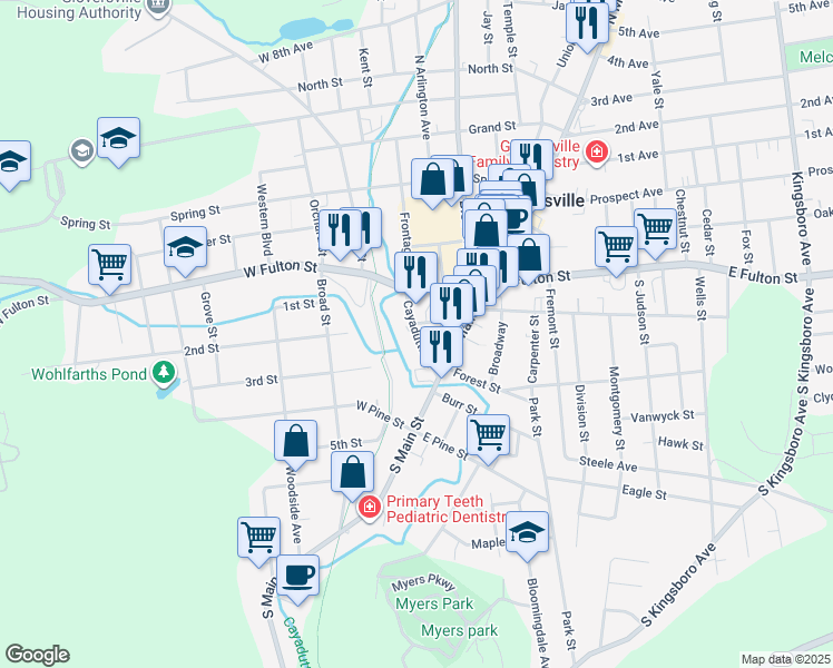 map of restaurants, bars, coffee shops, grocery stores, and more near Cayadutta Street in Gloversville