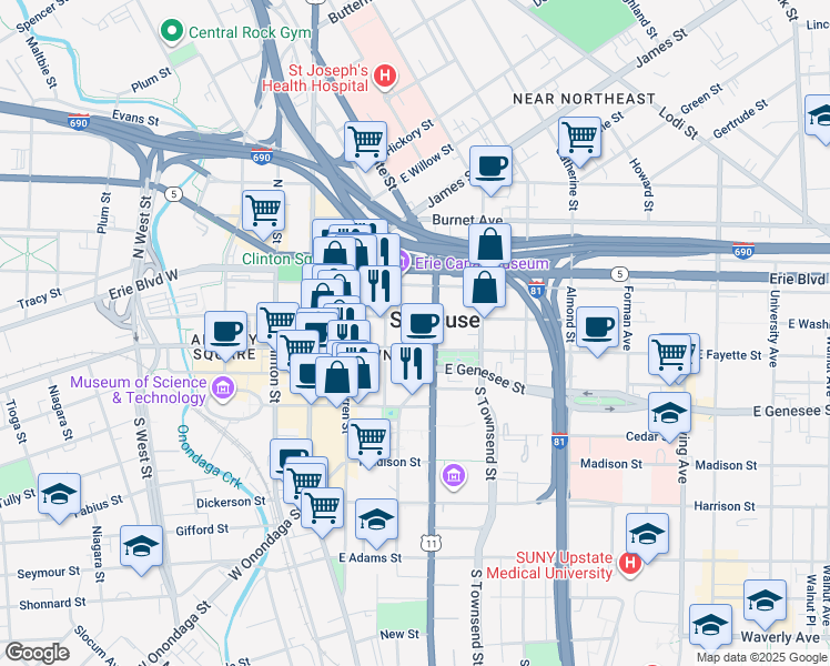 map of restaurants, bars, coffee shops, grocery stores, and more near in Syracuse