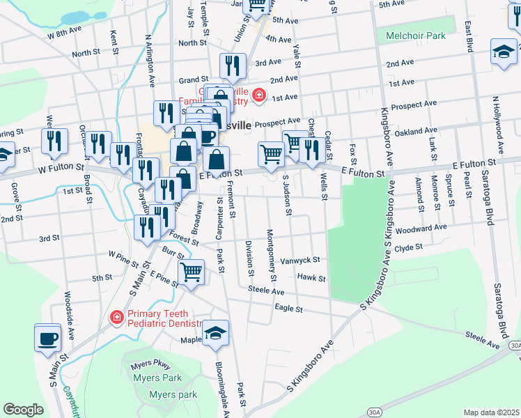 map of restaurants, bars, coffee shops, grocery stores, and more near 18 Montgomery Street in Gloversville
