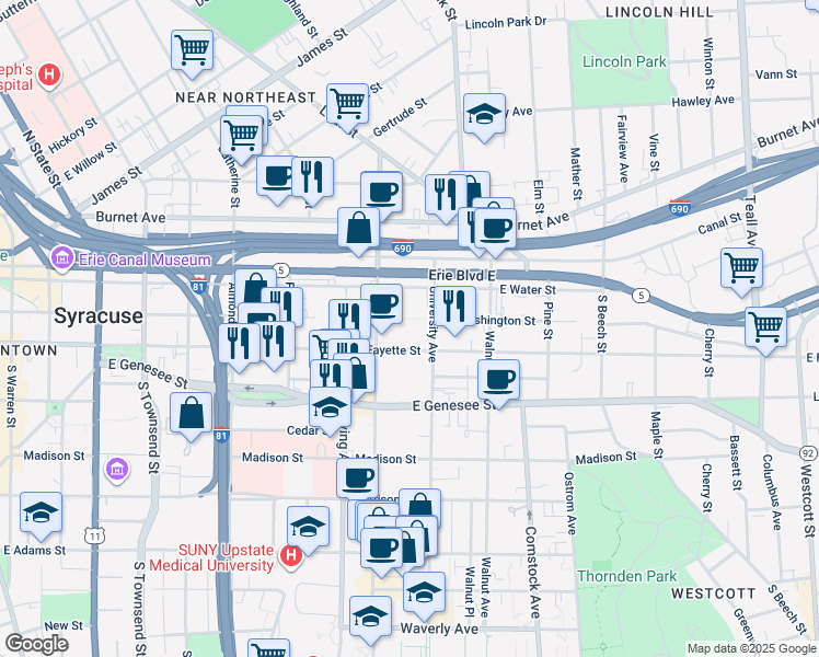 map of restaurants, bars, coffee shops, grocery stores, and more near 1031 East Fayette Street in Syracuse